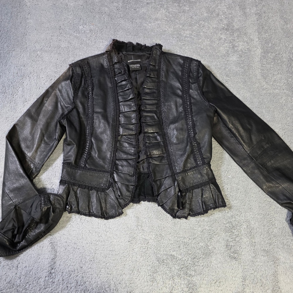 Moda International Black Ruffled Leather Jacket